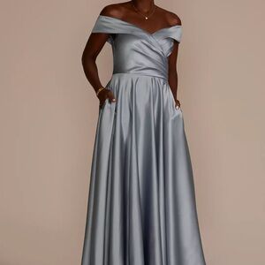 Chic Oleg Cassini Off-Shoulder Silver-blue Satin Gown